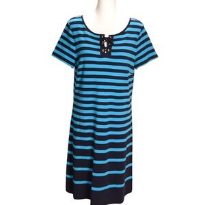 Talbots Women's Navy Teal Striped Cotton Lace Up Casual Dress Short Sleeve Chic